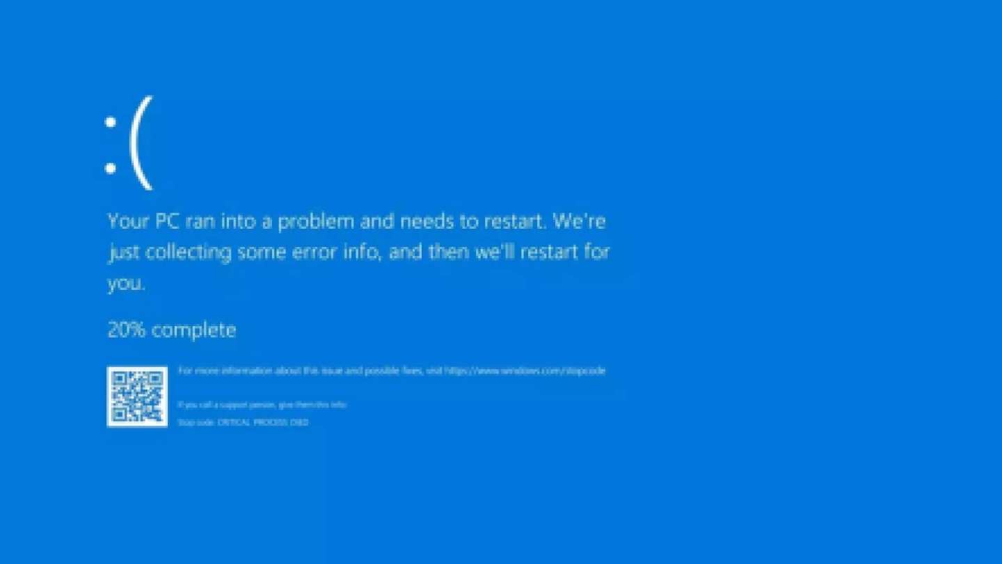 หน้าจอฟ้าของ Windows ขึ้นข้อความว่าเครื่องพบปัญหาและต้องรีสตาร์ท กำลังเก็บข้อมูลข้อผิดพลาดอยู่ที่ 20 เปอร์เซ็นต์ พร้อมคิวอาร์โค้ดและรหัสข้อผิดพลาด